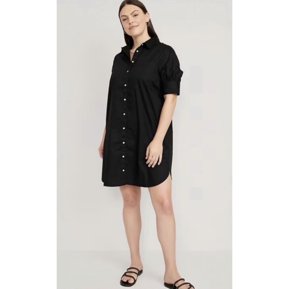Old Navy Black Poplin 100% Cotton Puff Sleeve Button Front Shirt Dress Size XL